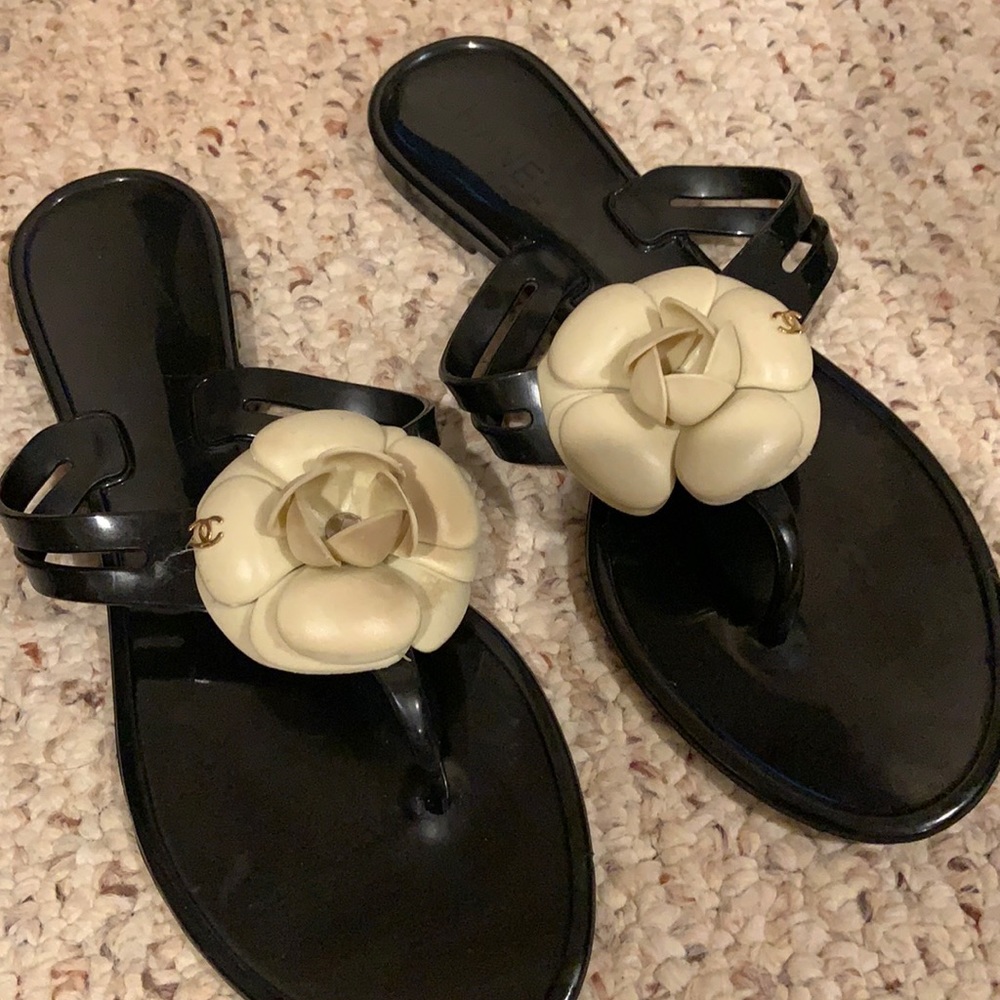 Vintage Chanel Camellia Flower Black Sandals